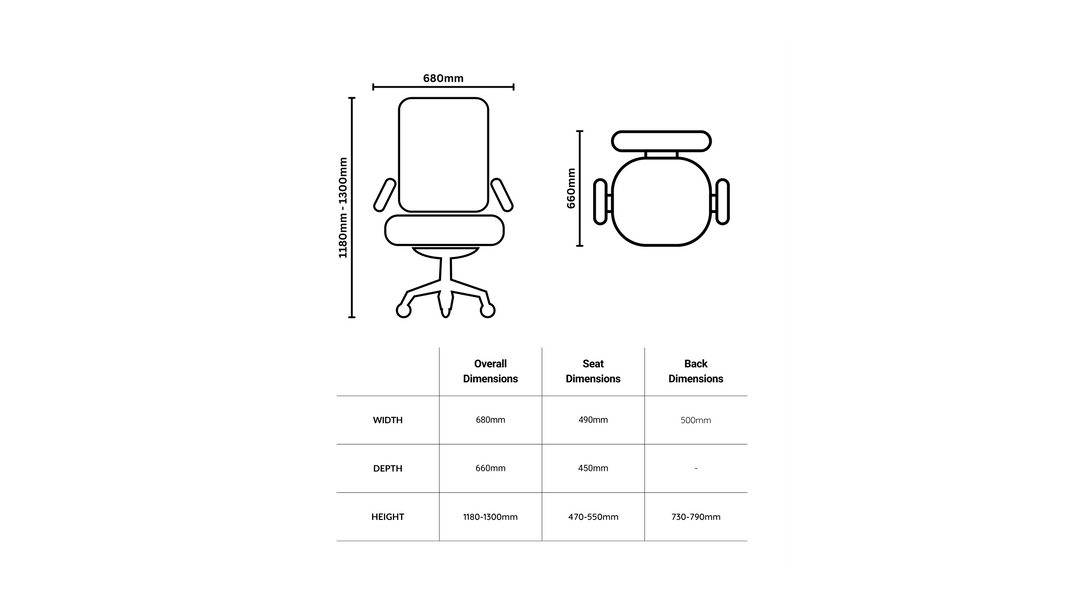 A diagram with  dimensions of a Corrie office chair including  line drawings of the chair from different angles. The top view shows a width of 660mm. The dimensions are detailed as follows: Overall dimensions are 680mm width by 660mm depth, with a height ranging from 1180-1300mm; Seat dimensions are 490mm width by 450mm depth, with a height ranging from 470-550mm; Back dimensions are 500mm in width. 
