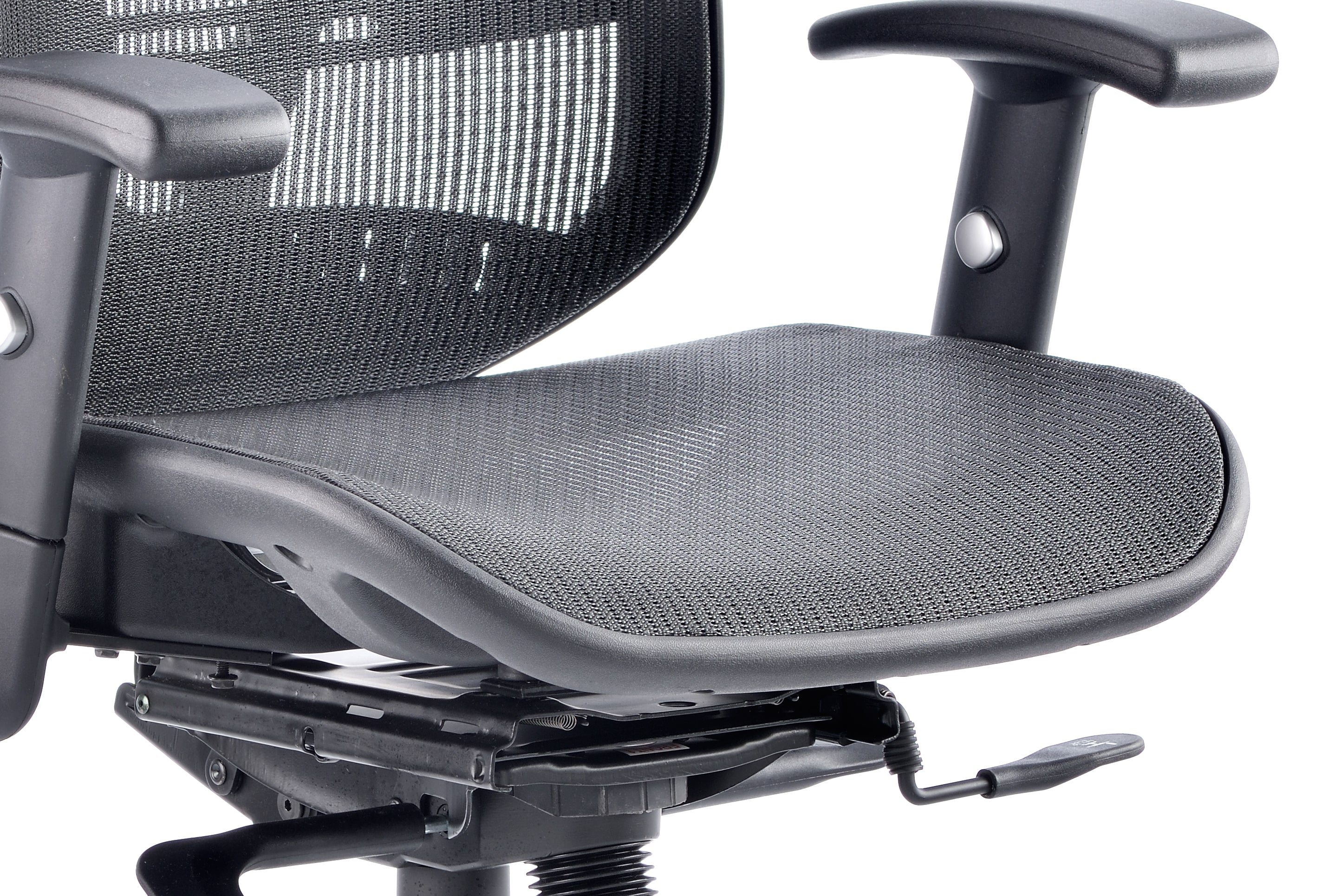 Focused view of seat of Lochie Mesh Back Office Chair with Height Adjustable Arms in Black with headrest