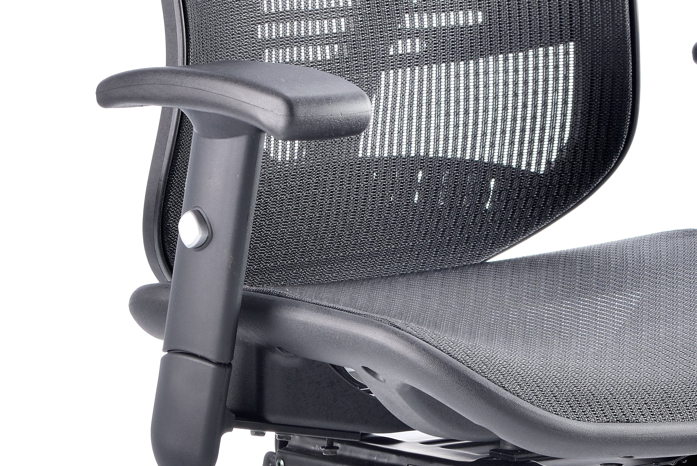 Focused view of right arm of Lochie Mesh Back Office Chair with Height Adjustable Arms in Black with headrest