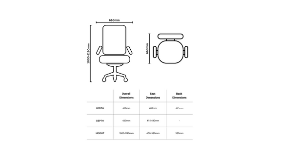 A black and white line drawing showcasing the dimensions of a Giroflex G64 medium back office chair with arms. The overall chair width is 660mm, depth is 660mm, and height can be adjusted from 1000 to 1190mm. The seat dimensions are 485mm in width and the depth ranges from 415 to 440mm. The backrest is 530mm in height. Top and side views are provided, alongside a tabulated dimension list, ensuring comprehensive information for ergonomic office planning.