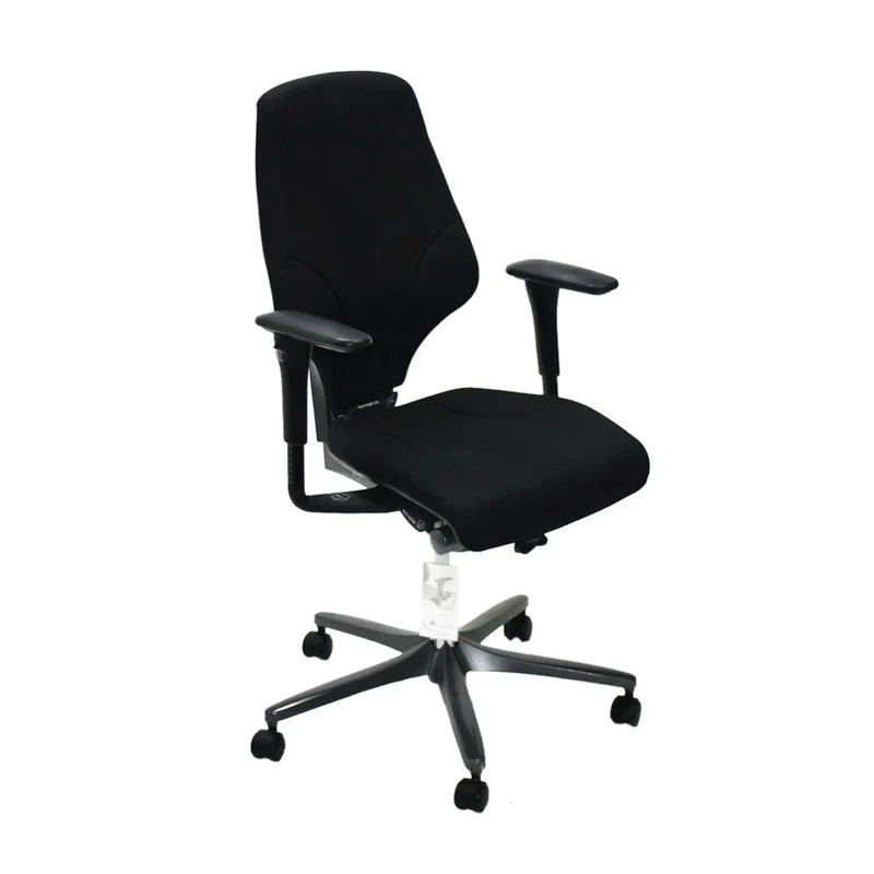 A Black Giroflex G64 office chair with adjustable arms, swivel base, height adjustable stem, five star base which has been reconditioned to near factory standards with new fabric all at an affordable price tag. Side View