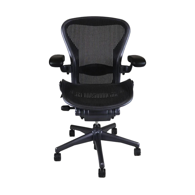 Graphite Herman Miller Aeron office chair with fixed arms, known for its ergonomic design and comfort, displayed against a white background. Front view