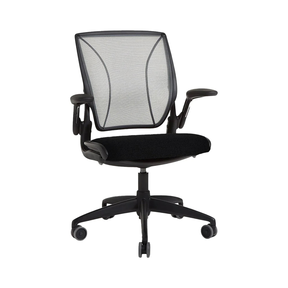 Humanscale Diffierent World office chair with Mesh back, fabric seat in Black. Adjustable arms, gas lift, five star base, swivel fully refurbished front side view