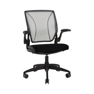 Humanscale Diffierent World office chair with Mesh back, fabric seat in Black. Adjustable arms, gas lift, five star base, swivel fully refurbished front side view
