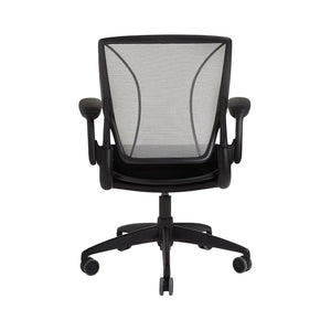 Humanscale Diffierent World office chair with Mesh back, fabric seat in Black. Adjustable arms, gas lift, five star base, swivel fully refurbished back view