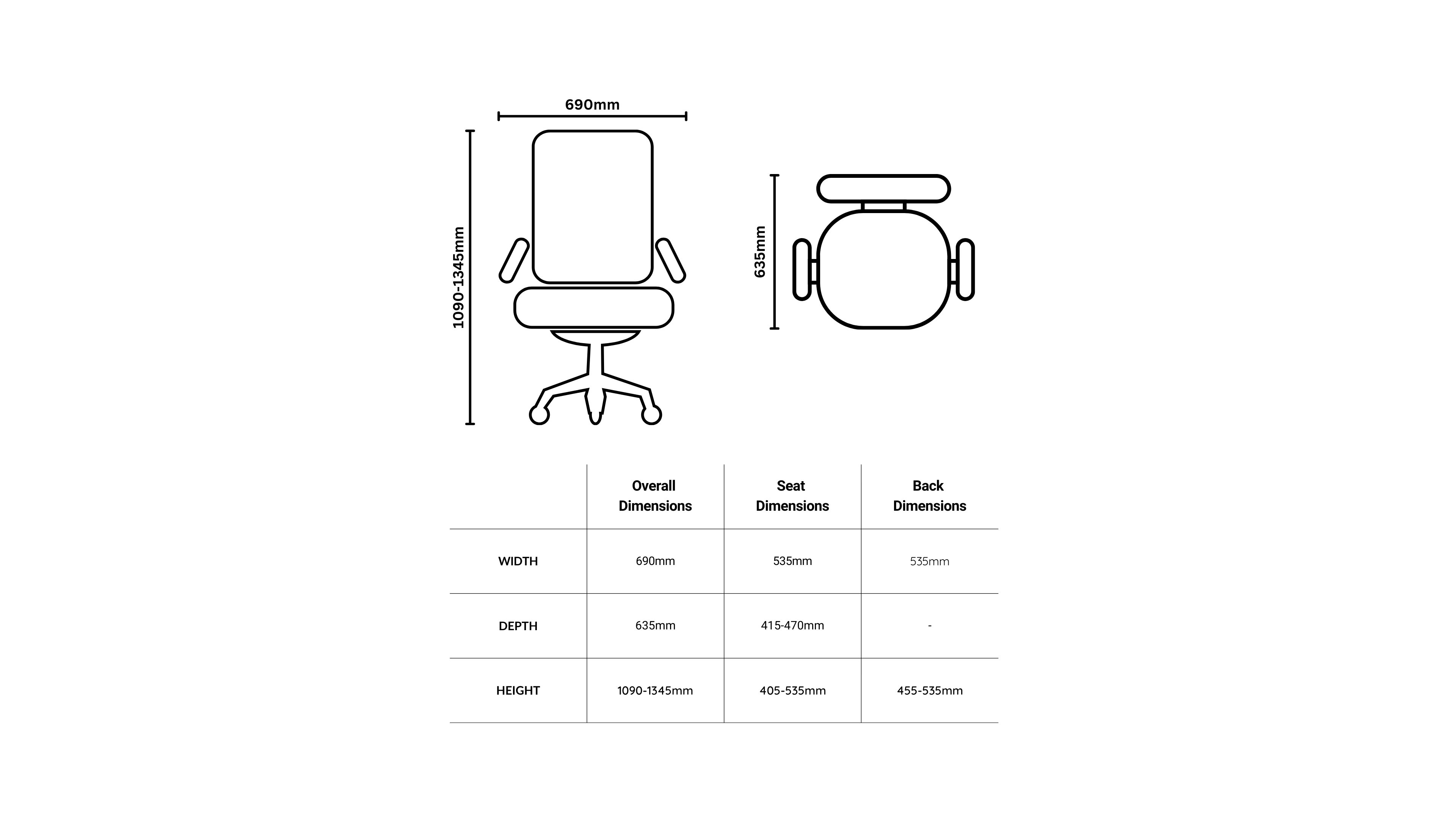 Technical illustration and dimensions of a Humanscale Freedom office chair with headrest. The overall width is 690mm, the depth is 635mm, and the height is adjustable between 1090-1345mm. The seat width is 535mm with a depth that can be adjusted from 415 to 470mm. The back width matches the seat at 535mm and has a height range of 455-535mm. The image displays front, side, and top views with clear labels for each measurement, providing a comprehensive guide for ergonomic seating.