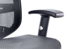 Focused view of left arm of Lochie Mesh Back Office Chair with Height Adjustable Arms in Black with headrest