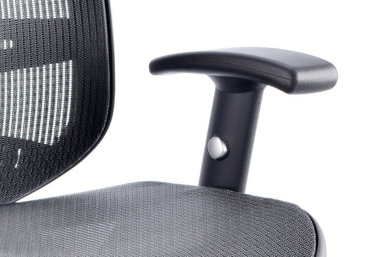 Focused view of left arm of Lochie Mesh Back Office Chair with Height Adjustable Arms in Black with headrest