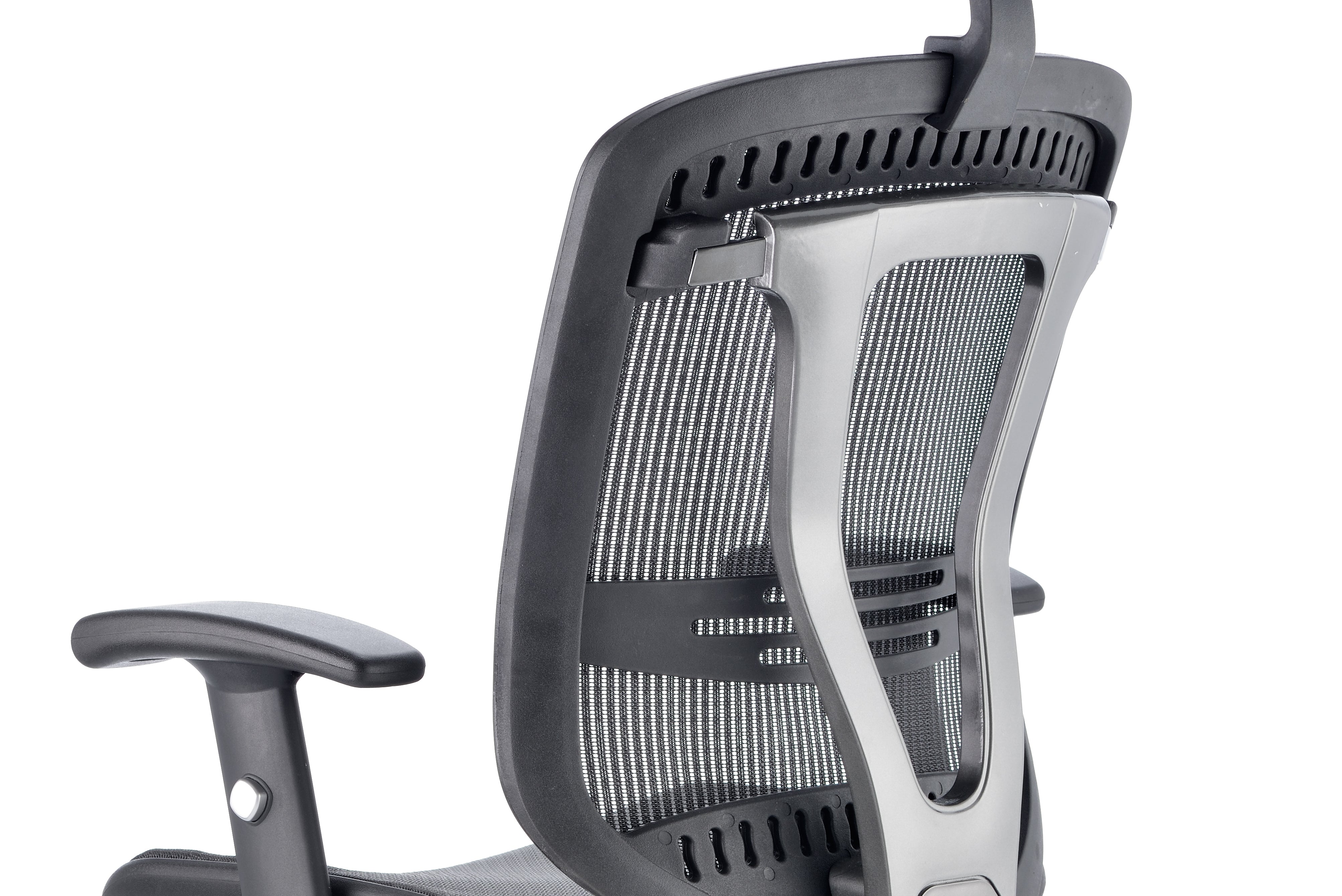 Focused view of the seat back of Lochie Mesh Back Office Chair with Height Adjustable Arms in Black with headrest