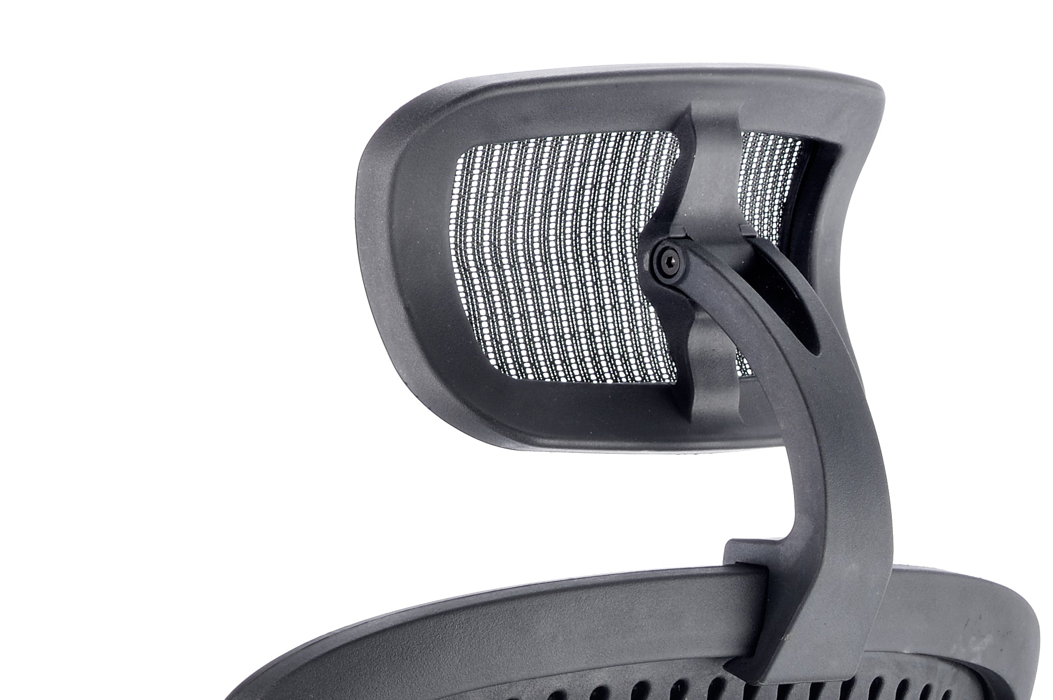 Foucsed view of head rest of Lochie Mesh Back Office Chair with Height Adjustable Arms in Black with headrest