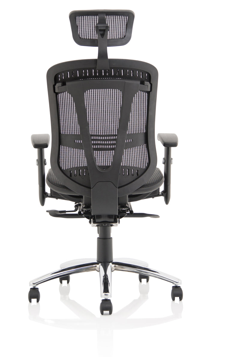 Back view of Lochie Mesh Back Office Chair with Height Adjustable Arms in Black with headrest