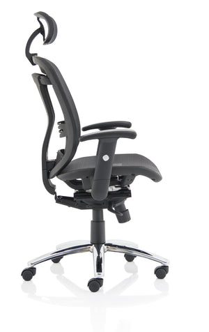 Side Front view of Lochie Mesh Back Office Chair with Height Adjustable Arms in Black with head rest