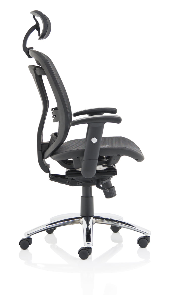 Side Front view of Lochie Mesh Back Office Chair with Height Adjustable Arms in Black with head rest