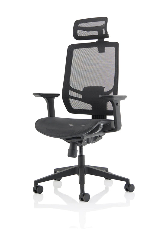 Front view Moray High Mesh Back Office Chair with Arms and optional headrest in Black