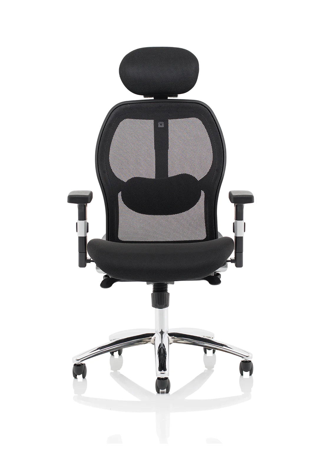 Arran High Mesh Back Black fabric seat with chrome base Executive Office Chair with Folding Arms