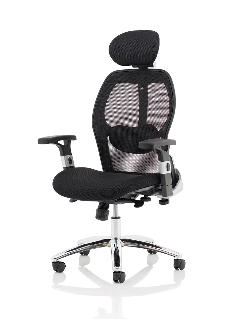 Arran High Mesh Back Black Executive Office Chair with Folding Arms front side view