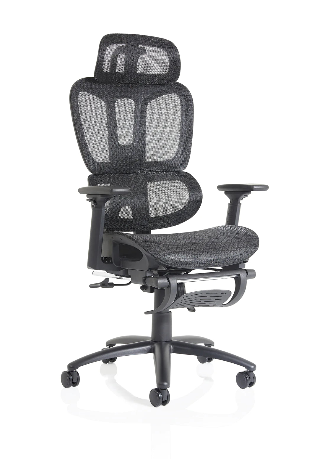 Front side view of Correi Mesh Office Chair in Black with lumbar support adjustable heigh and adjustable arms in Black