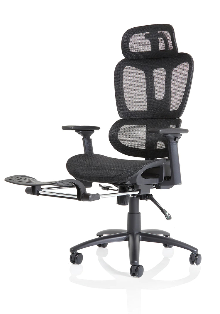 Front view of Corrie Mesh Office Chair in Black with lumbar support adjustable heigh and adjustable arms in Black with foot rest extended