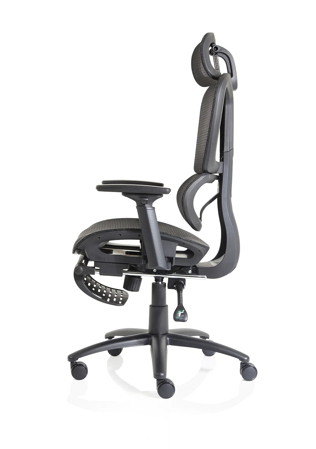 Left side view of Corrie Mesh Office Chair in Black with lumbar support adjustable heigh and adjustable arms in Black