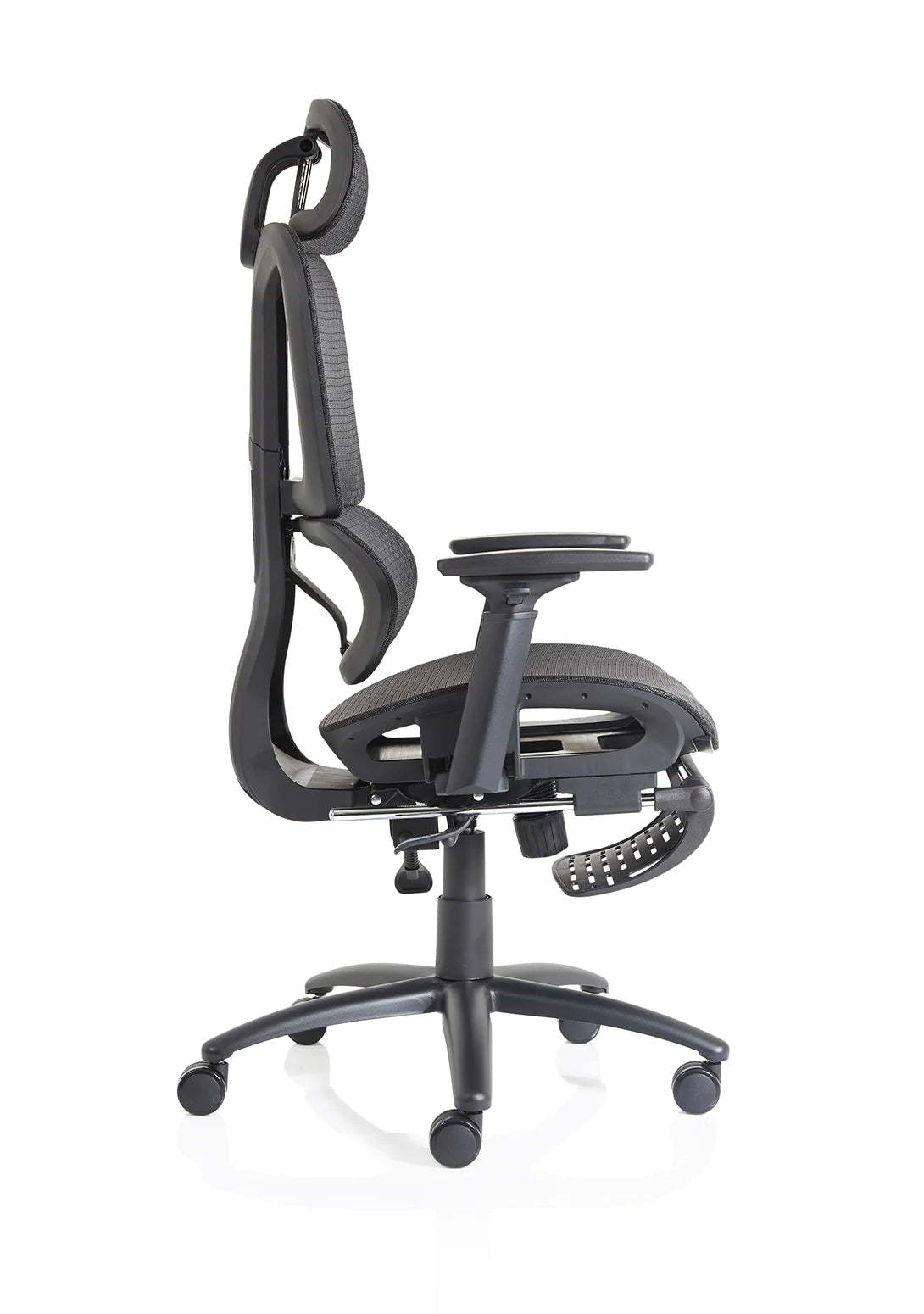 Side view of Corrie Mesh Office Chair in Black with lumbar support adjustable heigh and adjustable arms in Black