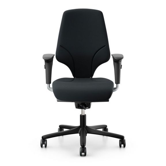A Black Giroflex G64 office chair with adjustable arms, swivel base, height adjustable stem, five star base which has been reconditioned to near factory standards with new fabric all at an affordable price tag. Front View