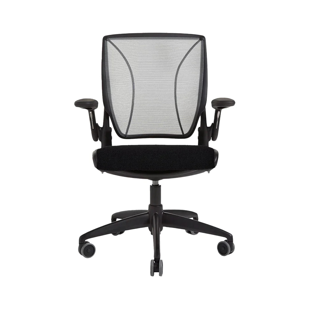 Humanscale Diffierent World office chair with Mesh back, fabric seat in Black. Adjustable arms, gas lift, five star base, swivel fully refurbished front view