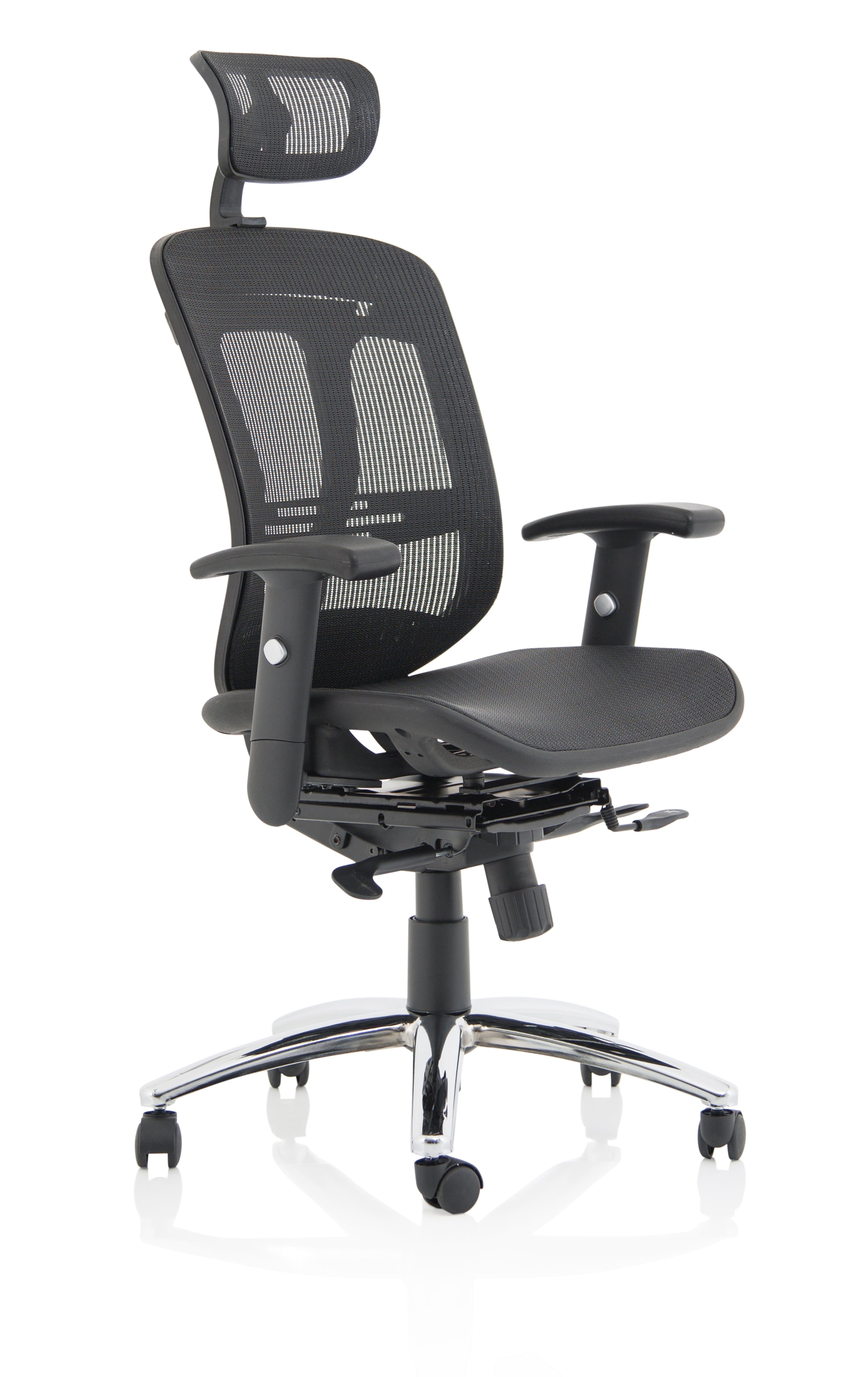 Front view of Lochie Mesh Back Office Chair with Height Adjustable Arms in Black with Head rest